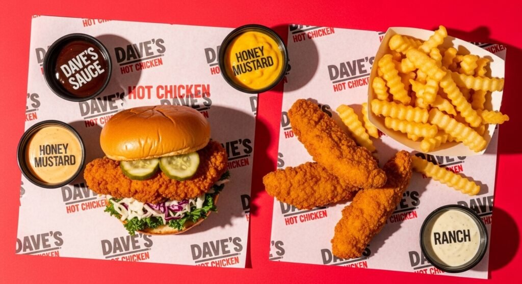 Flat lay photo of Dave’s Hot Chicken menu